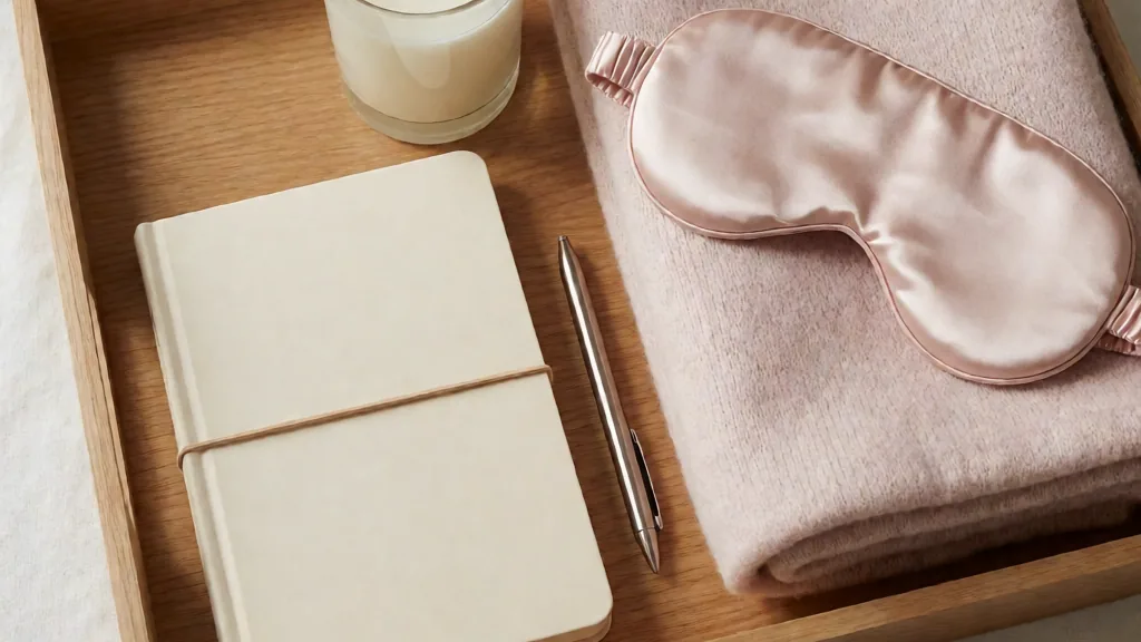 Caja de madera abierta con objetos de autocuidado: cuaderno, vela, antifaz y manta doblada
