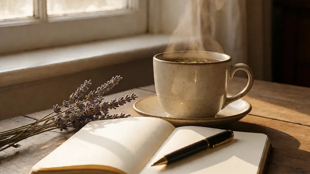 Cuaderno abierto de gratitud junto a una taza de infusión y una ventana con luz natural