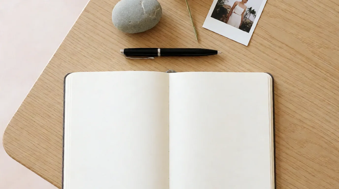 Cuaderno abierto en blanco con bolígrafo y tres objetos pequeños alrededor: una piedra, una flor seca y una foto