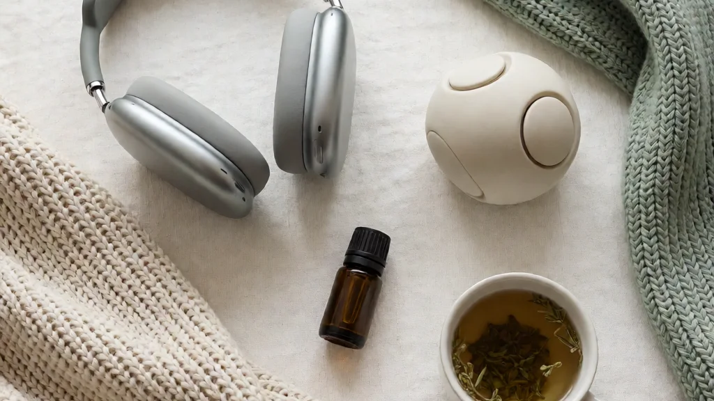 Bodegón de las cinco vías sensoriales: foto, auriculares, pelota antiestrés, aceite esencial y taza de infusión