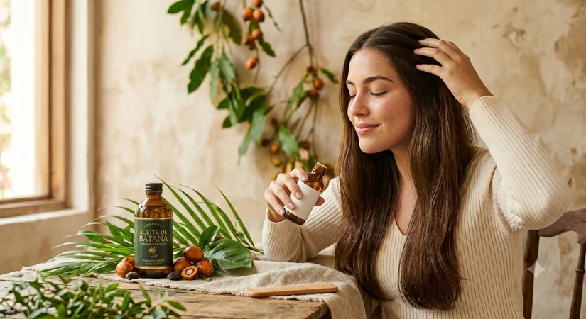 Mujer joven aplicándose aceite de batana en el cabello con las manos, masajeando suavemente el cuero cabelludo con luz natural suave