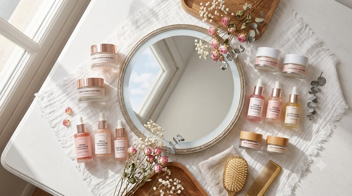 Diferentes productos de contorno de ojos con ácido hialurónico ordenados sobre una superficie blanca