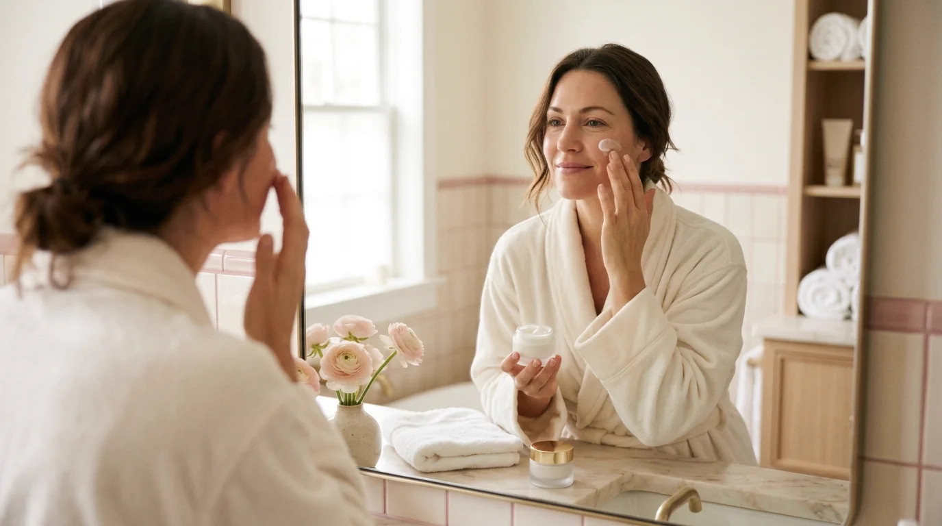 Rutina facial con productos CeraVe en el baño