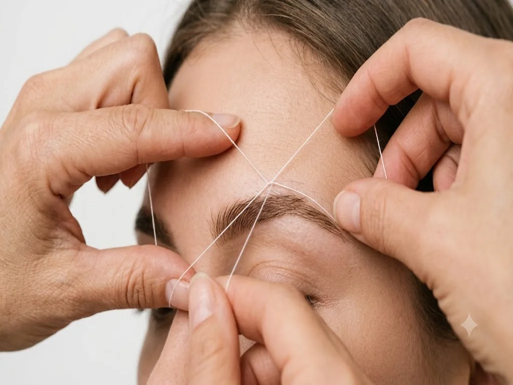 Mujer con cejas perfectamente depiladas con la técnica de hilo, mirada radiante y definida, resultado natural y preciso