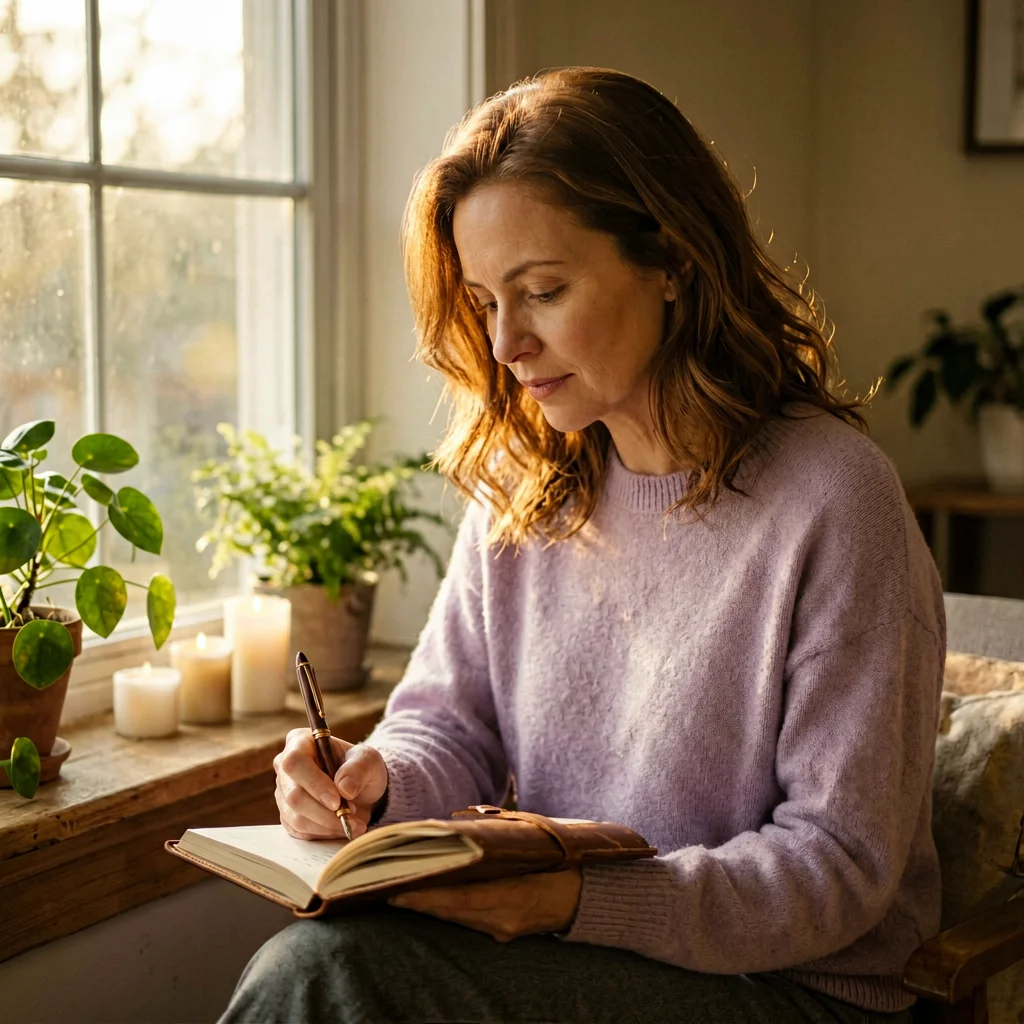 Mujer apuntando sus emociones y síntomas en un diario junto a la ventana, ilustrando la autobservación de los síntomas de depresión en mujeres