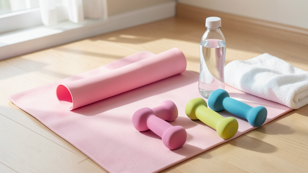 Equipo de fitness para casa: bandas elásticas, mancuernas y esterilla