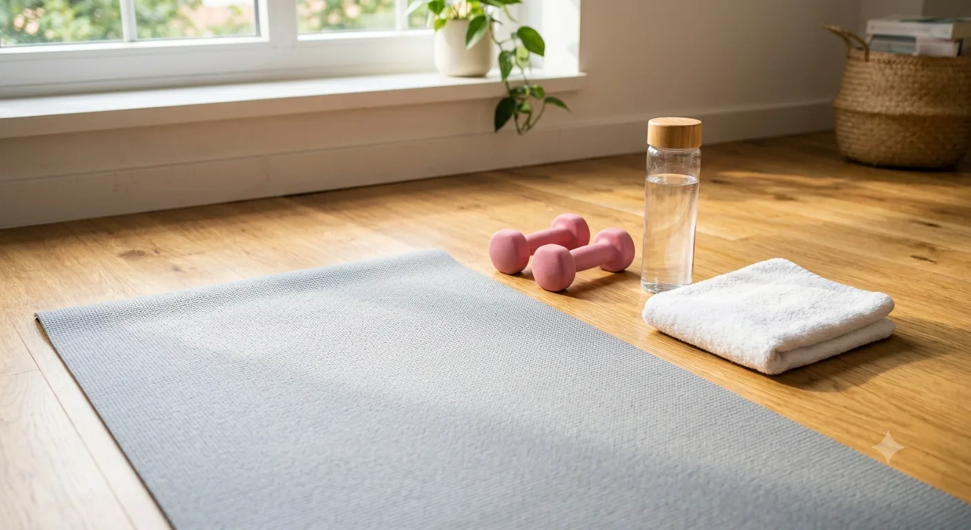 Equipo de fitness: esterilla gris, mancuernas rosas, botella de agua y toalla en salón luminoso