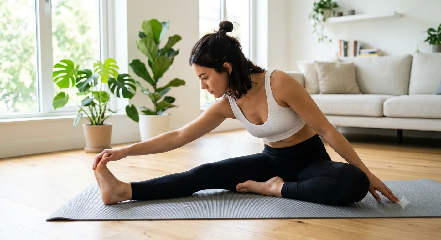 Mujer haciendo estiramientos sobre esterilla de yoga en casa - recuperación post-ejercicio de 30 minutos