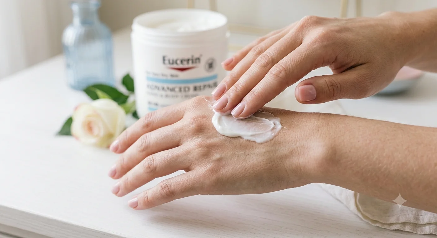 Textura cremosa de crema hidratante Eucerin aplicada sobre la piel, con acabado suave y luminoso