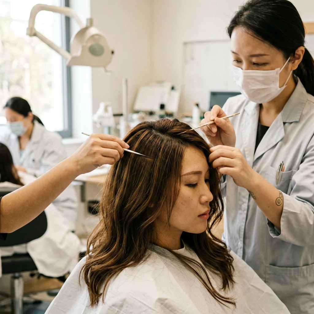 Mujer con micropigmentación capilar mostrando resultados naturales en entradas y coronilla