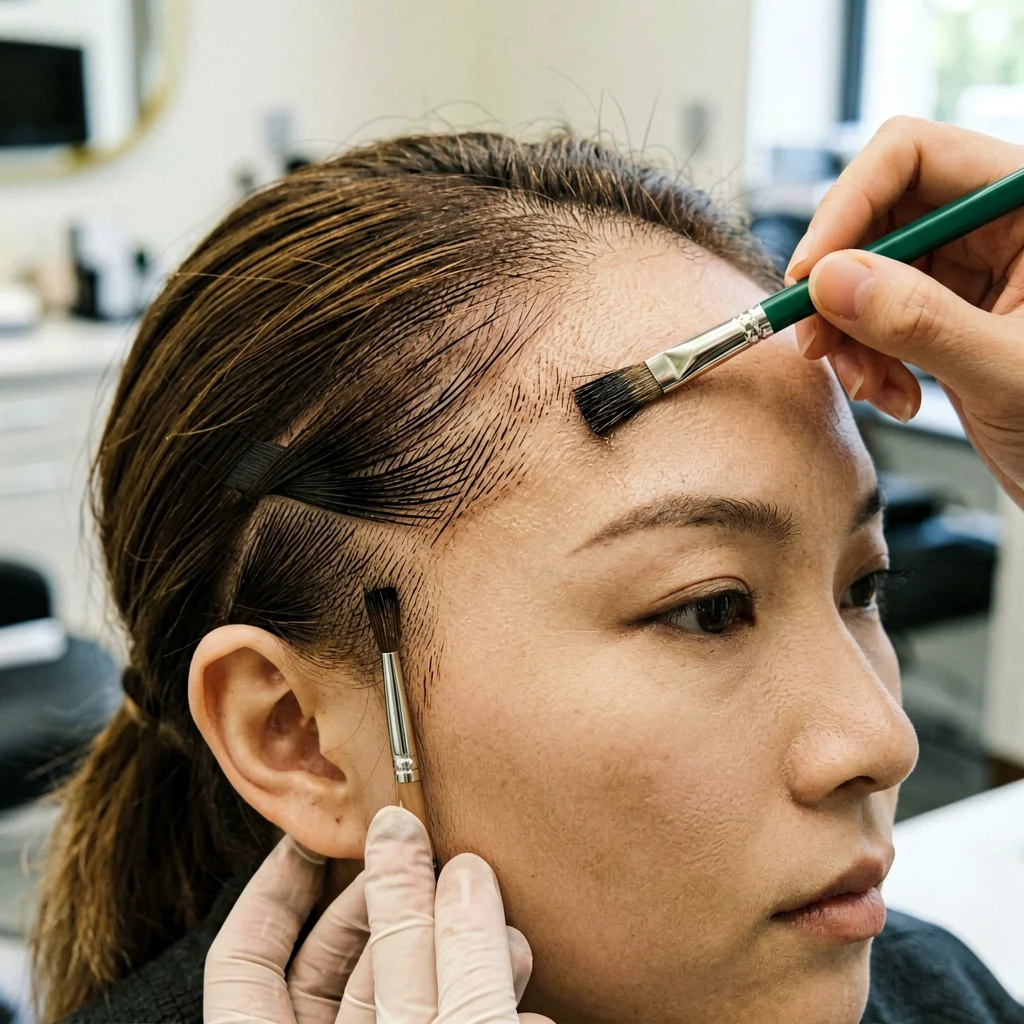 Profesional realizando micropigmentación capilar a una mujer en una clínica de estética
