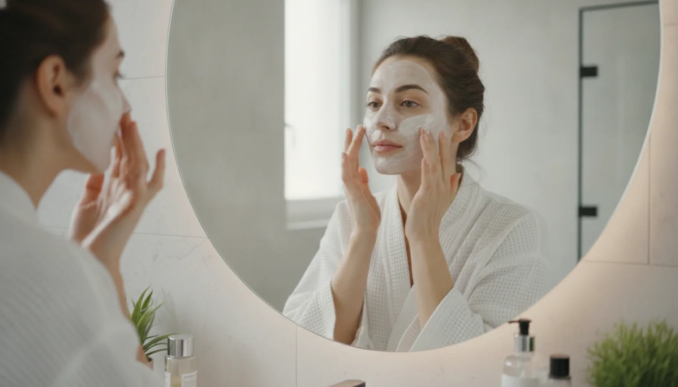 Mujer aplicándose crema hidratante con protección solar en el rostro frente a un espejo por la mañana, luz natural