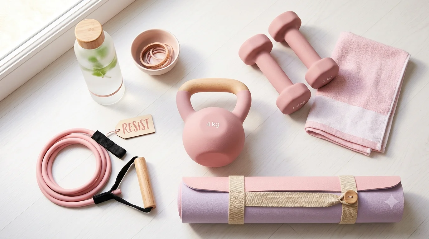 Equipamiento fitness para mujer: mancuernas, banda elástica, esterilla y kettlebell