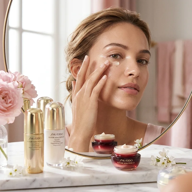 Mujer aplicándose contorno de ojos Shiseido con el dedo anular, técnica correcta para evitar estirar la piel