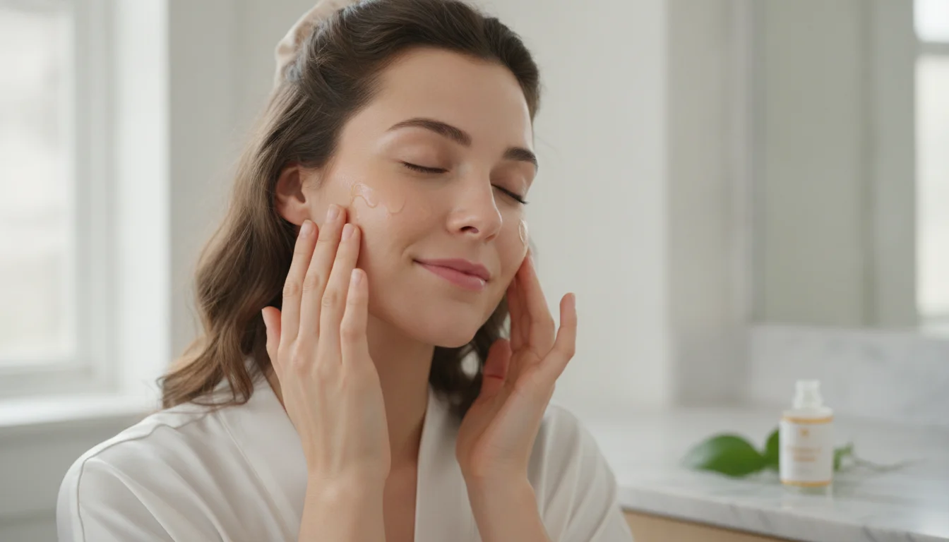 Mujer aplicándose sérum de vitamina C en el rostro por la mañana, piel luminosa y saludable