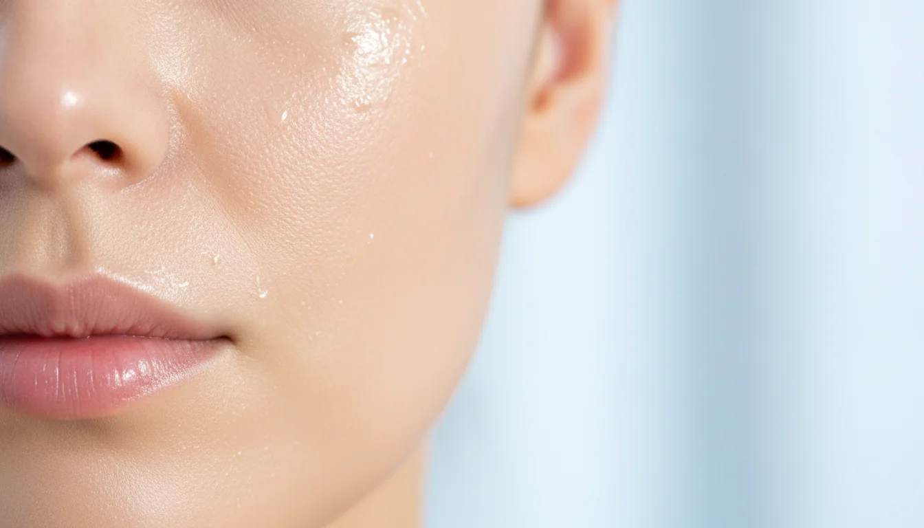 Primer plano de piel femenina luminosa y radiante después de usar vitamina C, textura uniforme