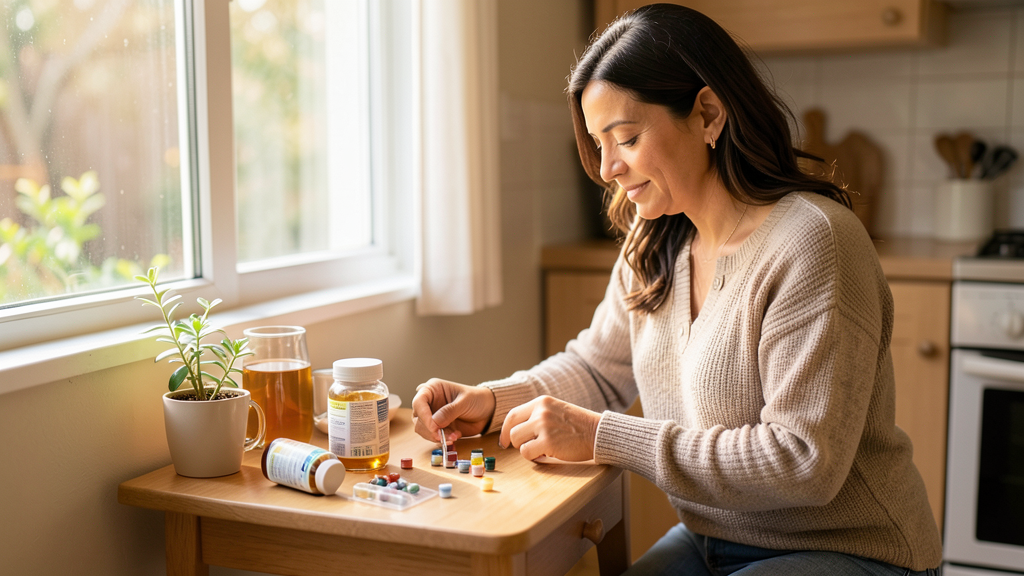 Mujer de 40 años organizando sus vitaminas por la mañana en la cocina