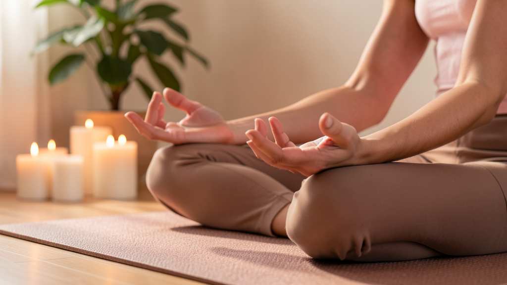 Mujer meditando en posición de loto con respiración consciente
