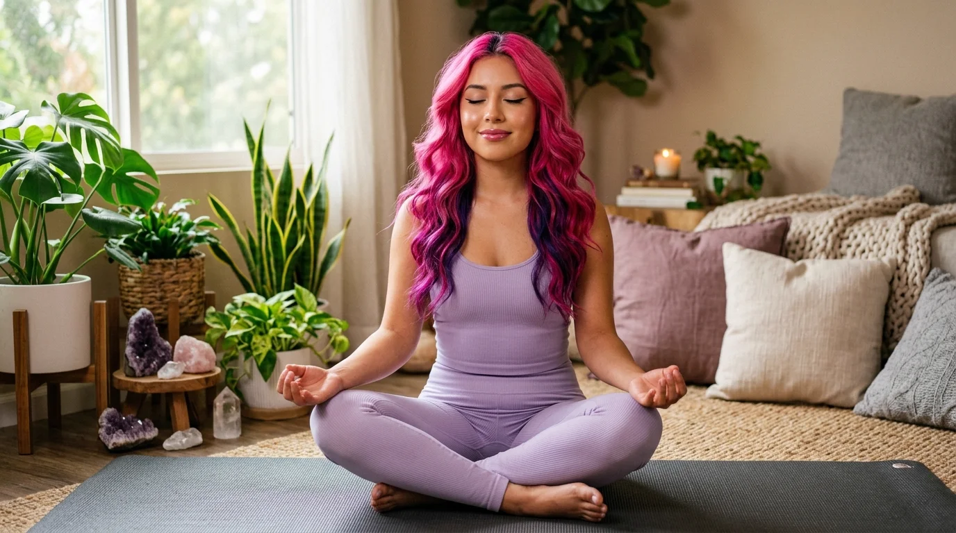 Lolita Coconut estirando en una colchoneta de yoga en su salón, luz natural, expresión feliz y motivada