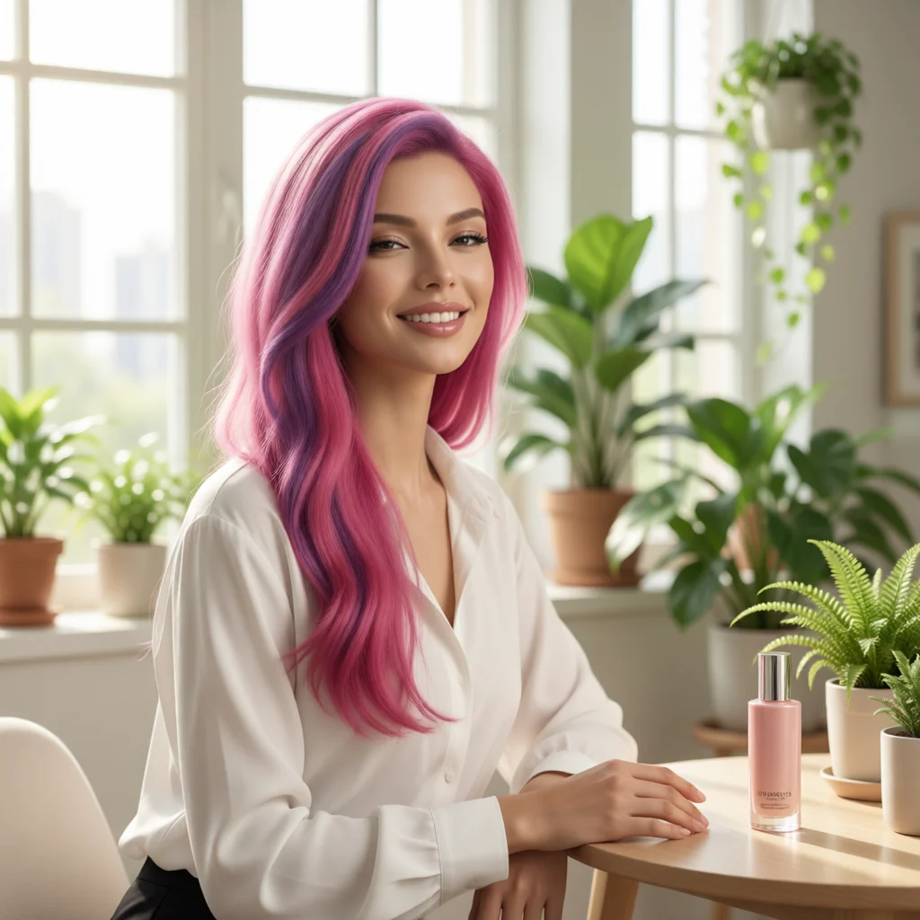 Lolita Coconut con un frasco de cosmético en un salón luminoso