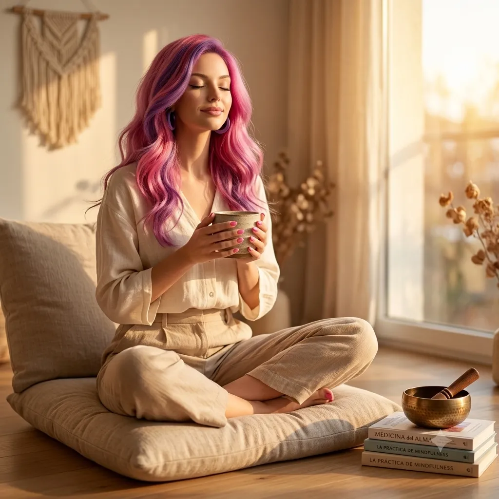 Lolita Coconut recomendando mindfulness para mujeres principiantes, en un espacio tranquilo con cojín de meditación y cuenco tibetano