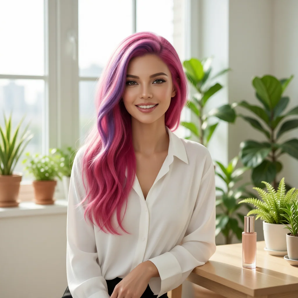 Lolita Coconut con un frasco de cosmético en un salón luminoso