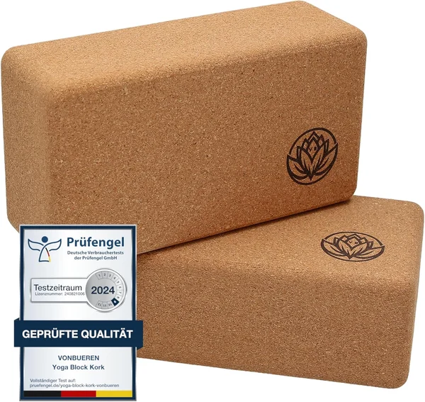 VonBueren 2x Bloque de Yoga Corcho Natural — Firmeza y agarre premium