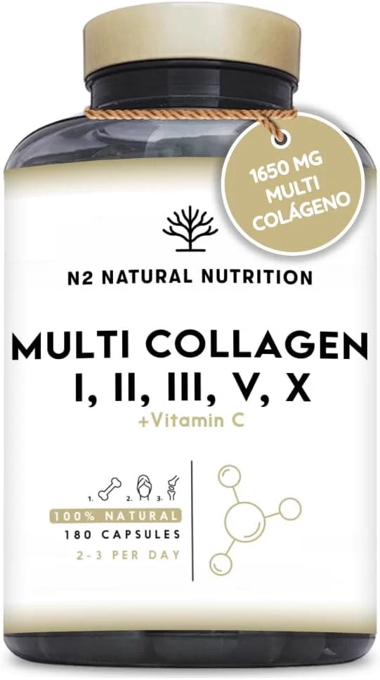 Multi Colágeno Hidrolizado Puro 1650mg + Vitamina C 53mg. Colágeno Tipo I, II, III, V y X, 180 cápsulas. N2 Natural Nutrition.