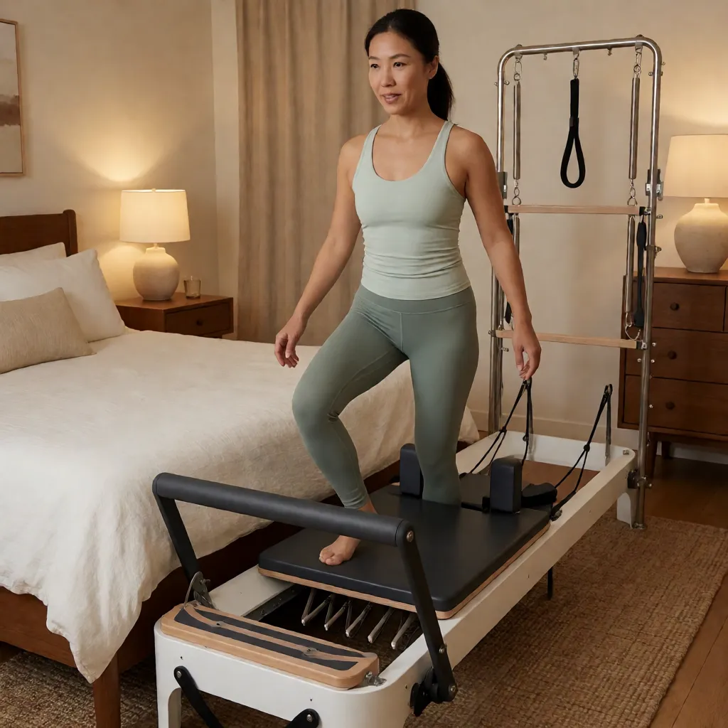 Reformer de pilates plegable guardado en habitación pequeña muestra que cabe en espacios reducidos